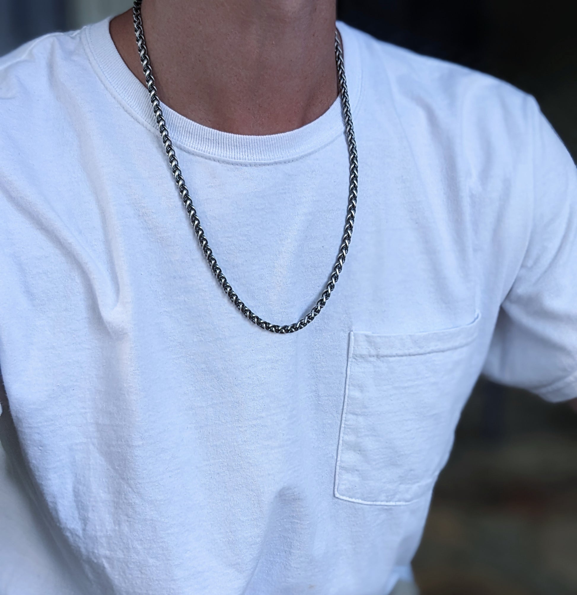 Men's Oxidized Silver Wheat Chain Necklace