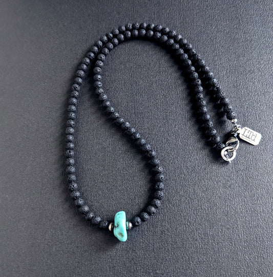 men's lava bead and turquoise necklace, 20 inches