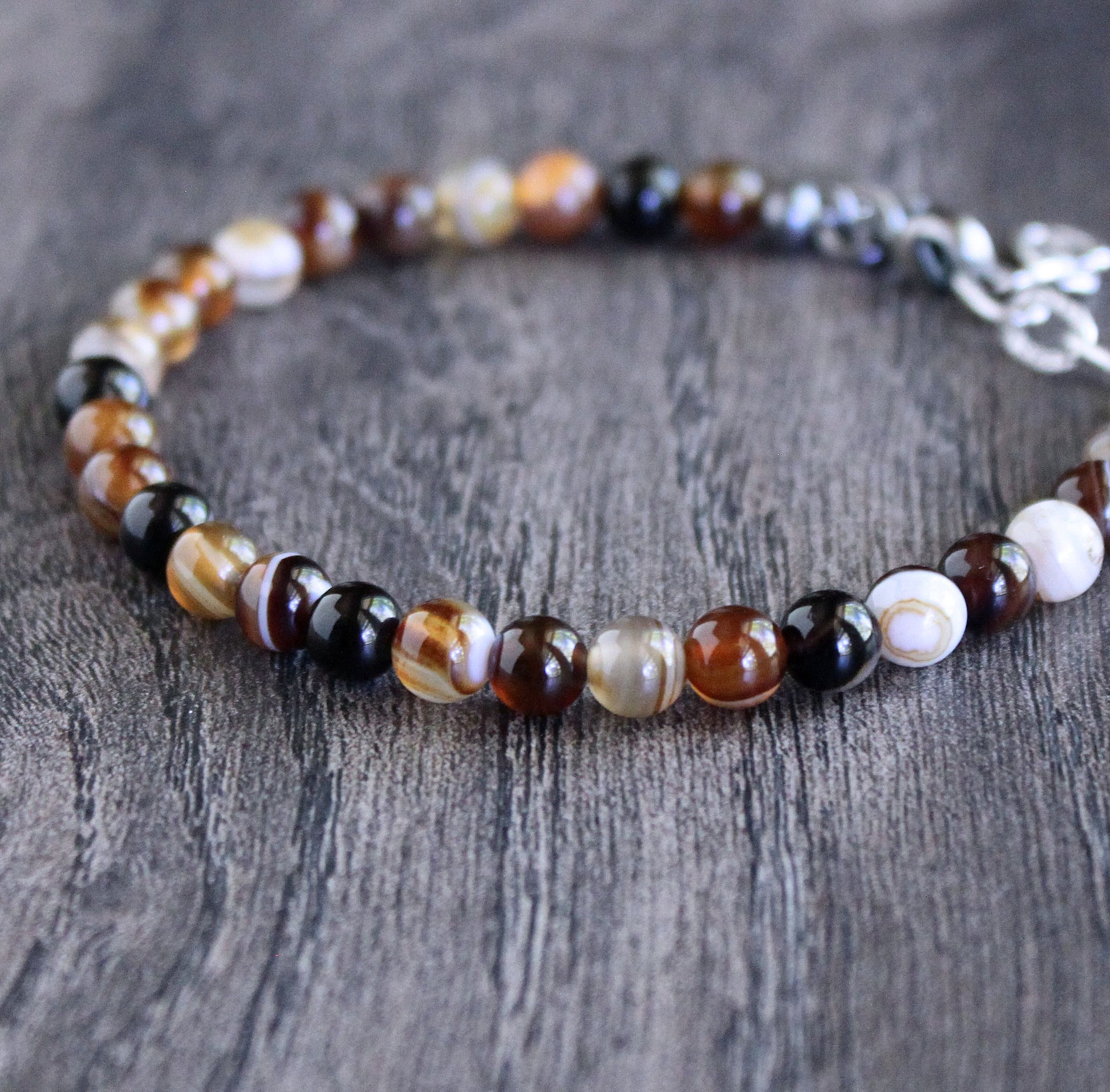 men's brown agate bead bracelet, adjustable