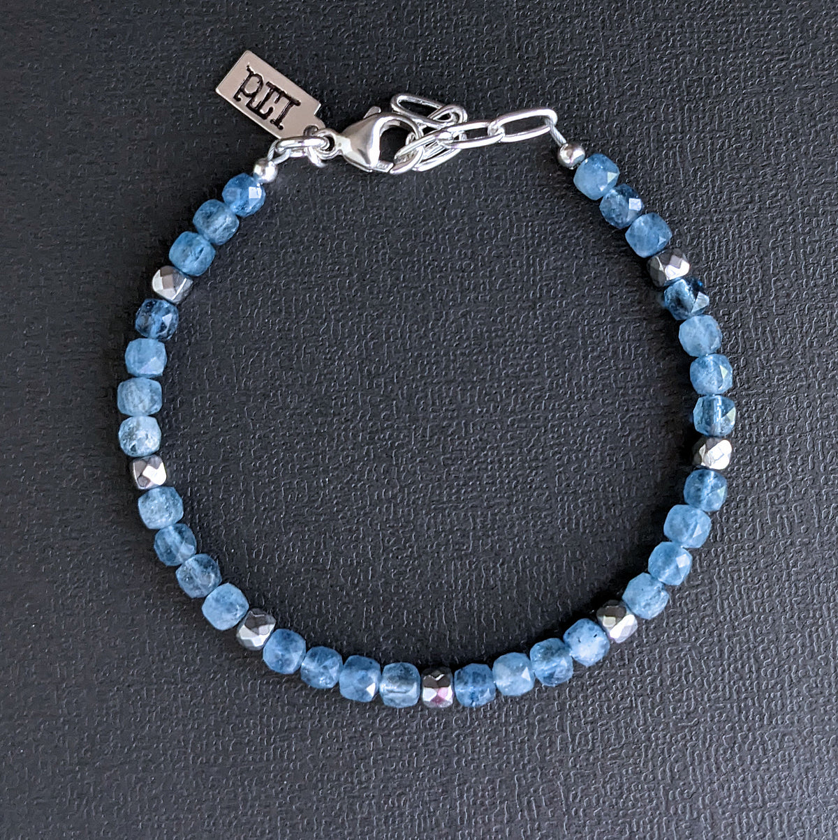 men's 4mm aquamarine cube bead bracelet