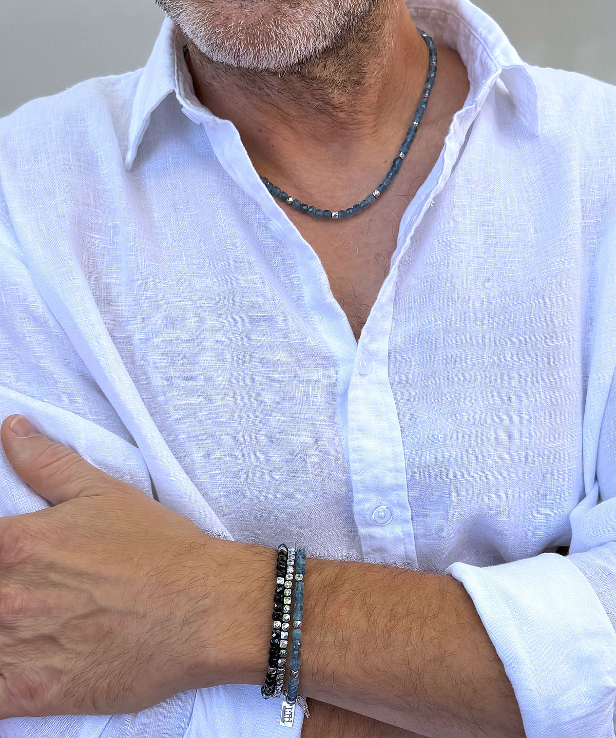 men's blue aquamarine beaded bracelet and necklace