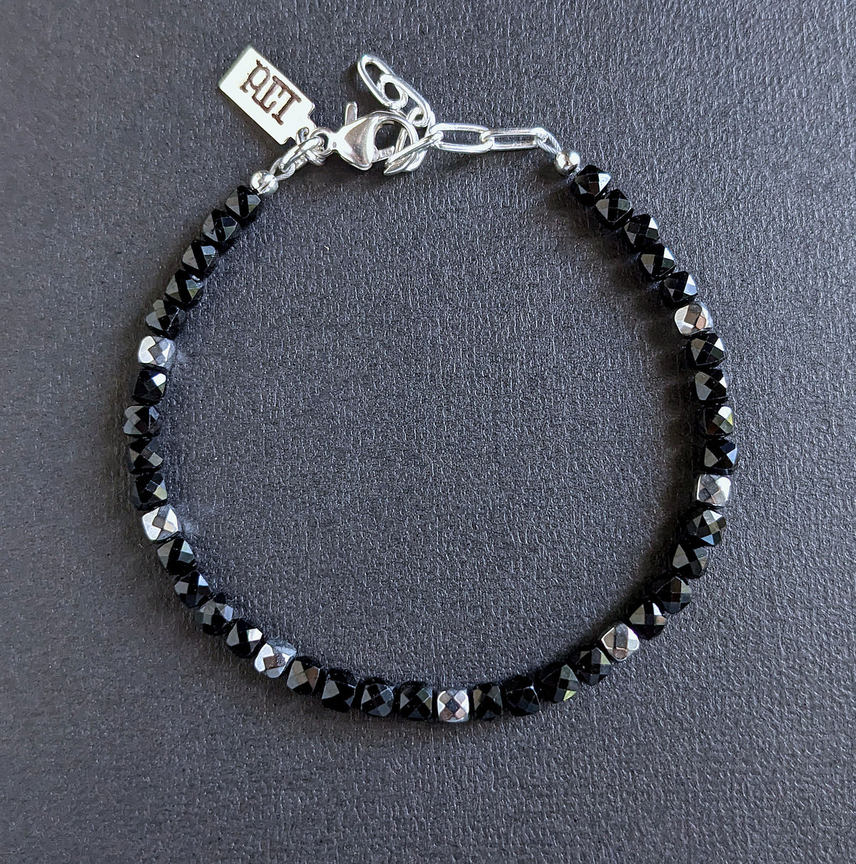 men's 4mm black silver cube bead bracelet
