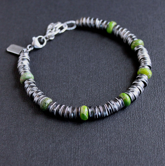 Crushed Silver Bead Bracelet, Green Jasper