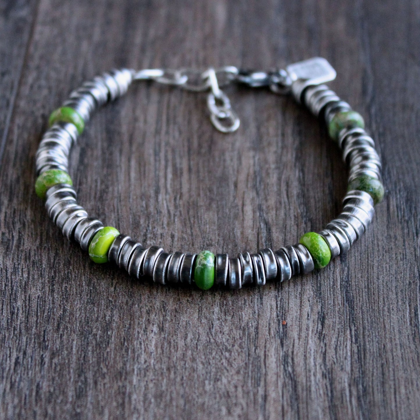 Crushed Silver Bead Bracelet, Green Jasper