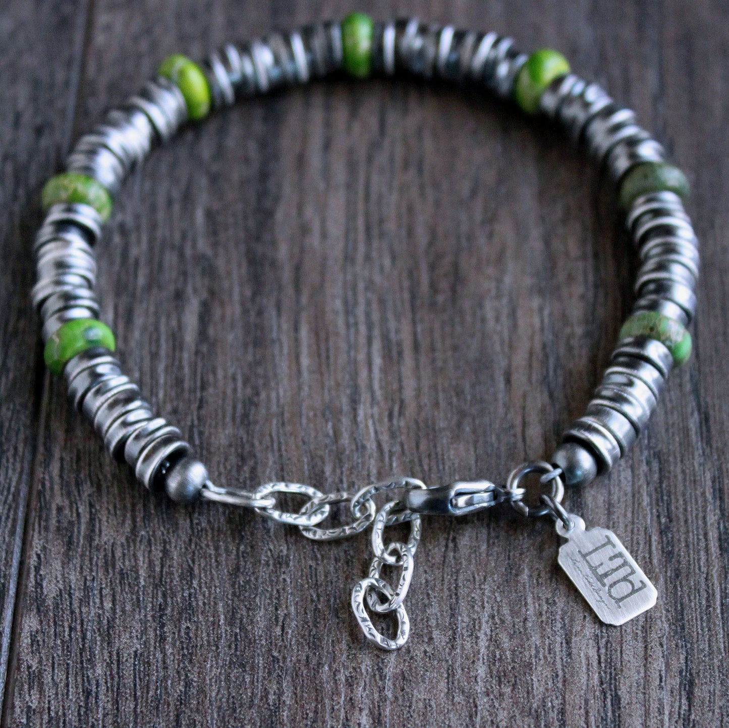 Crushed Silver Bead Bracelet, Green Jasper