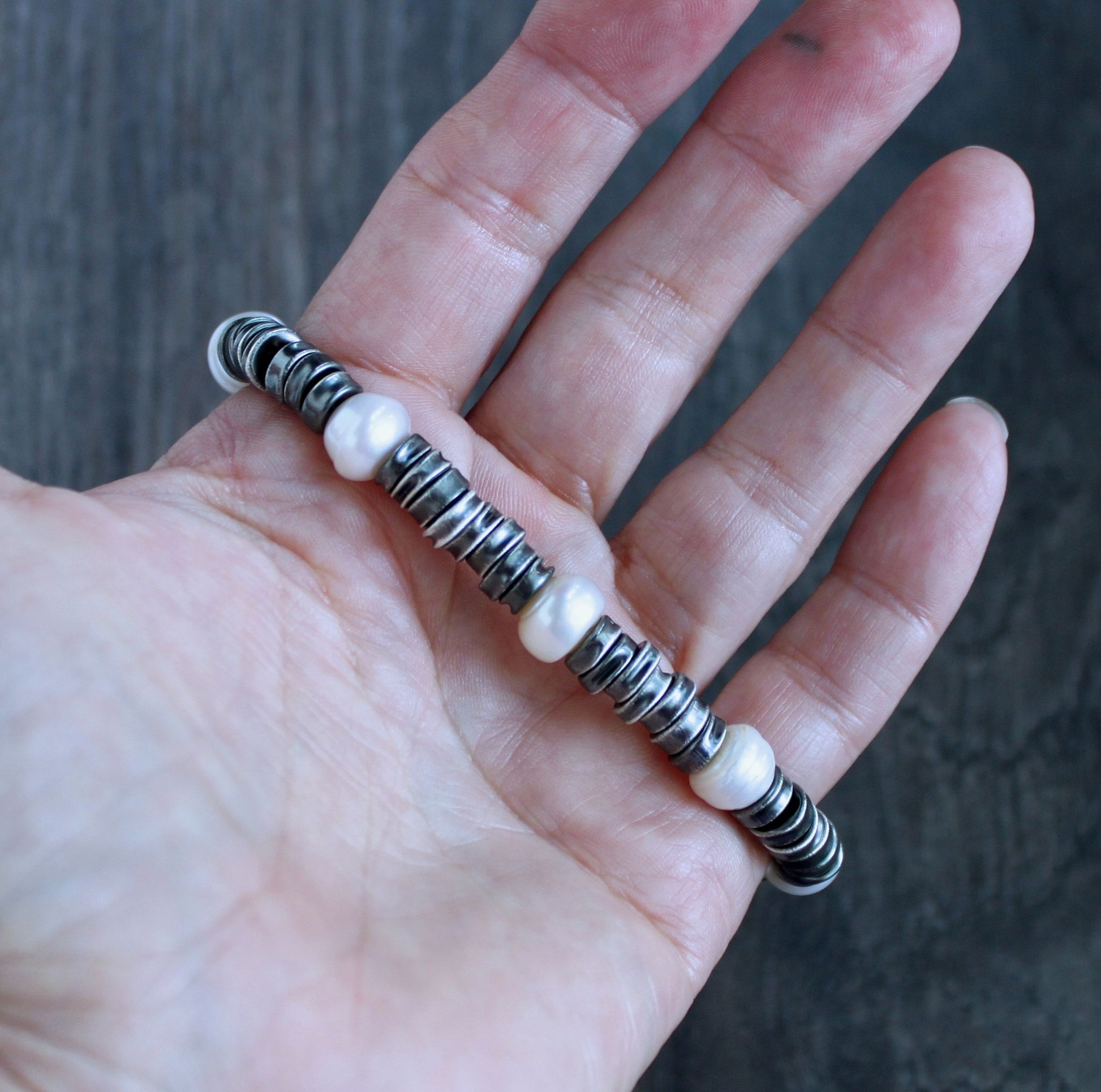 men's silver bead and pearl bracelet