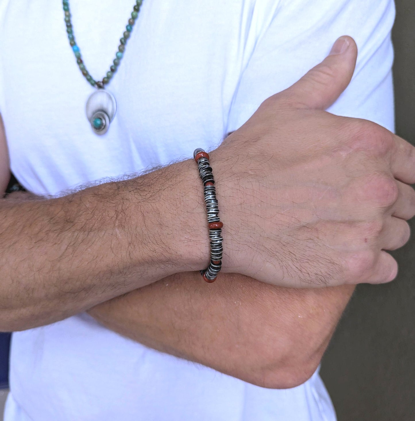 Crushed Silver Bead Bracelet, Red Jasper