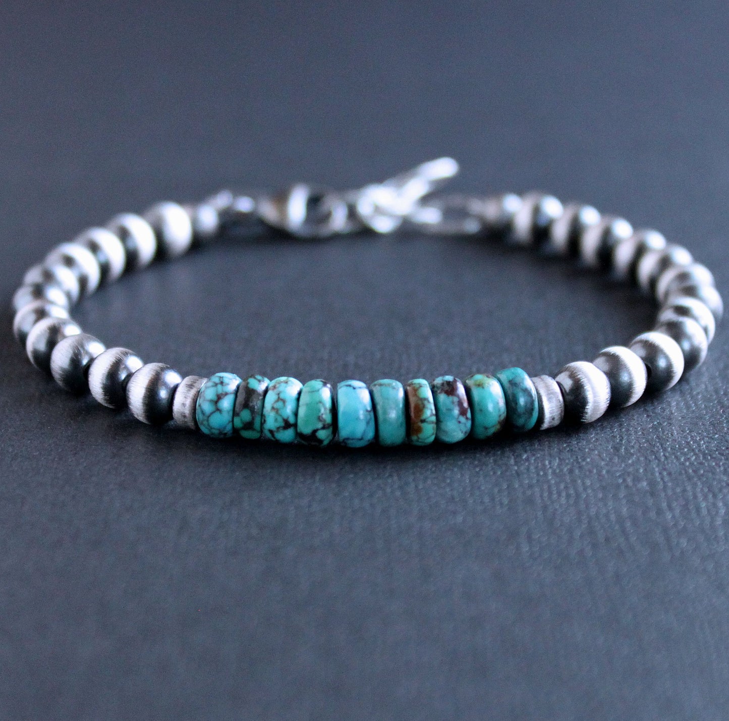 men's 6mm turquoise and silver bead bracelet