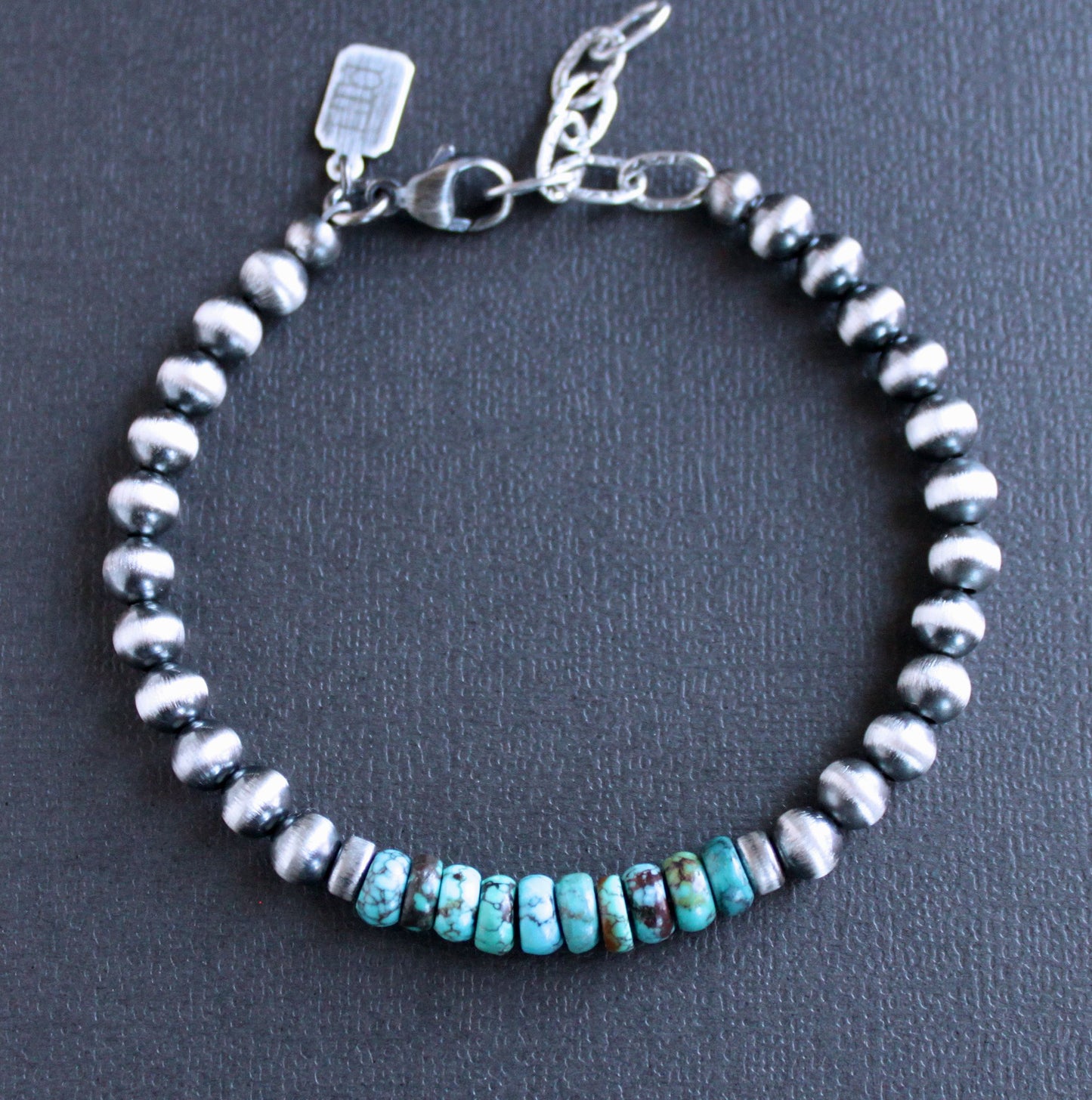 men's silver and turquoise bead bracelet