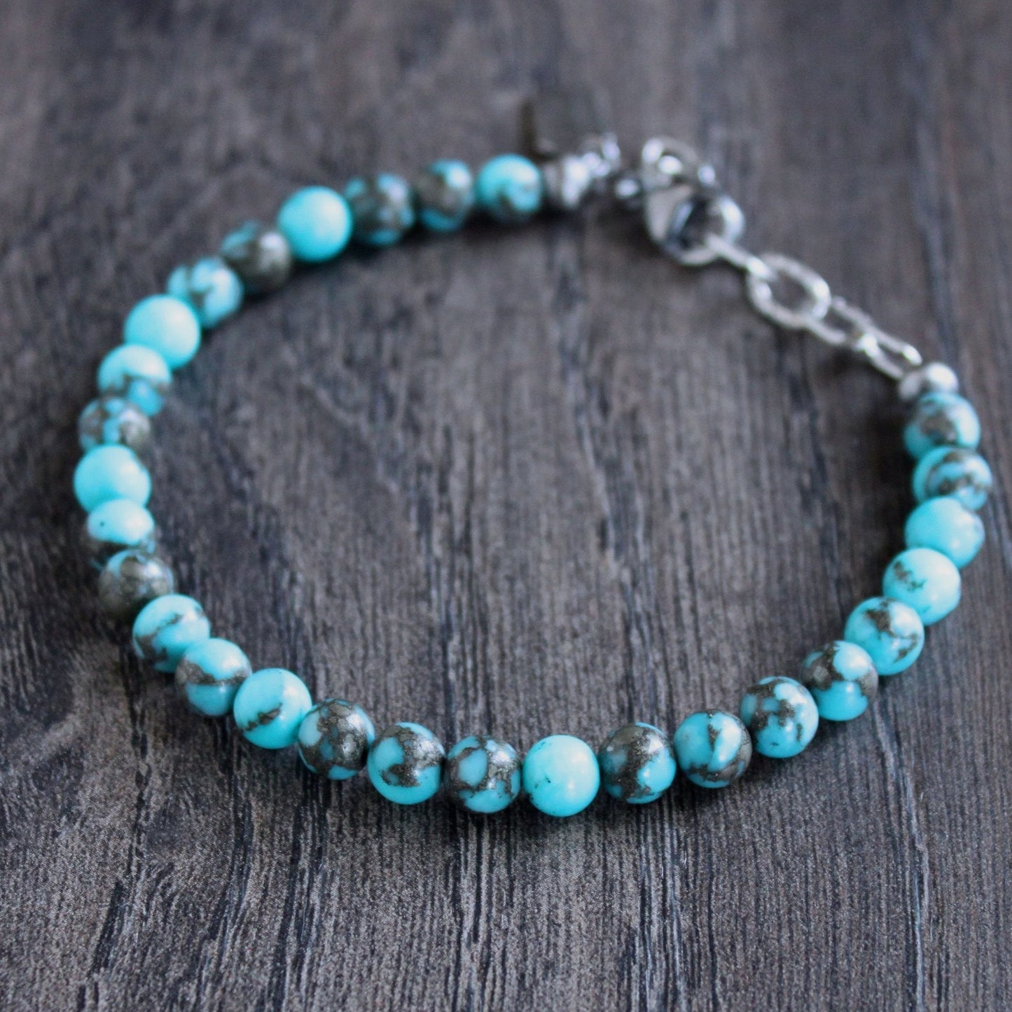 men's 6mm blue and pyrite bead bracelet