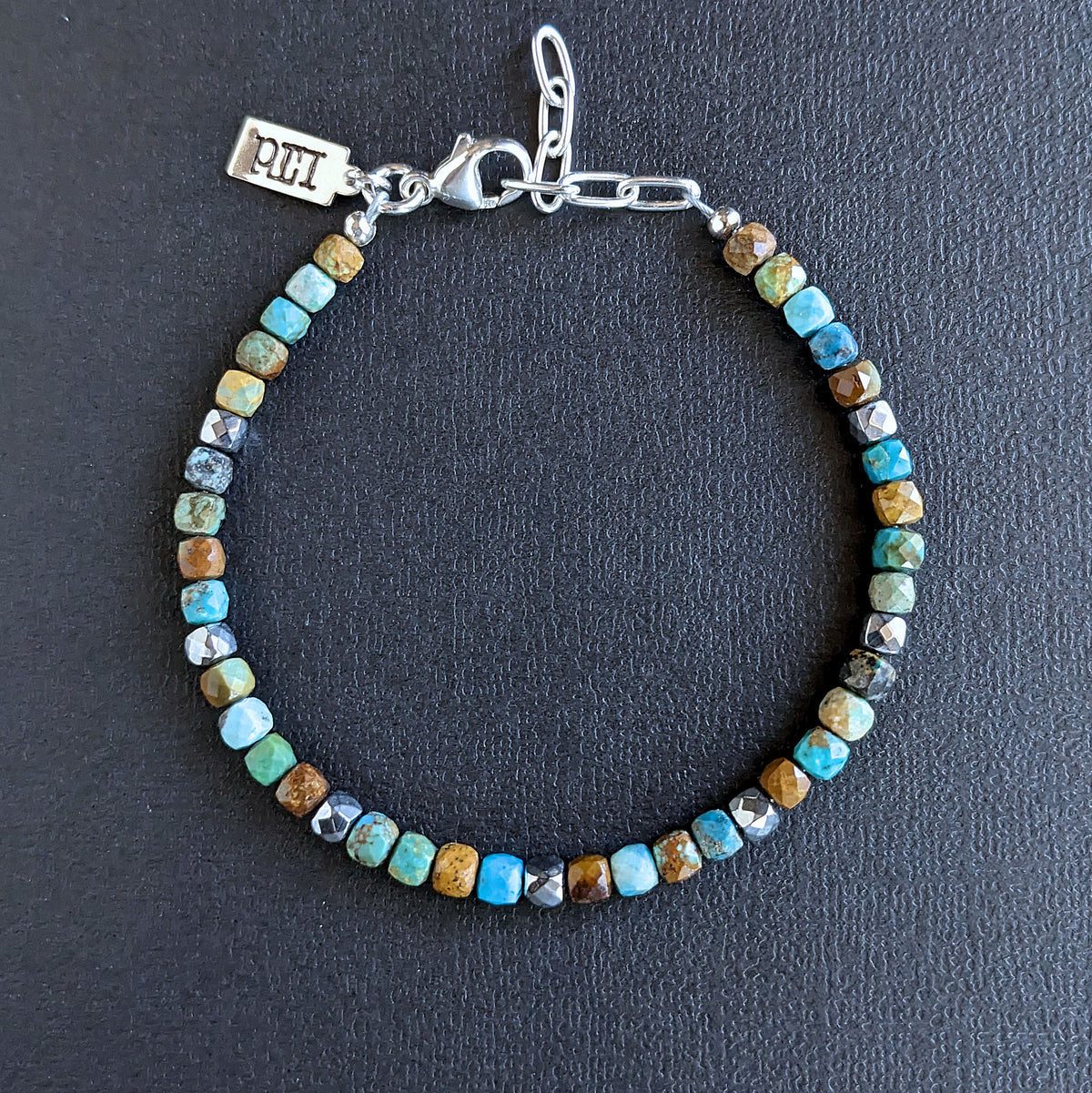 4mm turquoise faceted cube bead bracelet, men's
