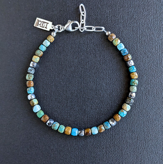 4mm turquoise faceted cube bead bracelet, men's