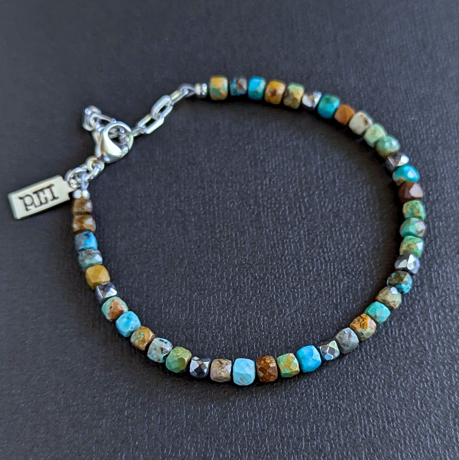 men's 4mm cube turquoise bead adjustable bracelet