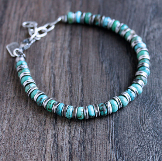Crushed Silver and Turquoise Bead Bracelet