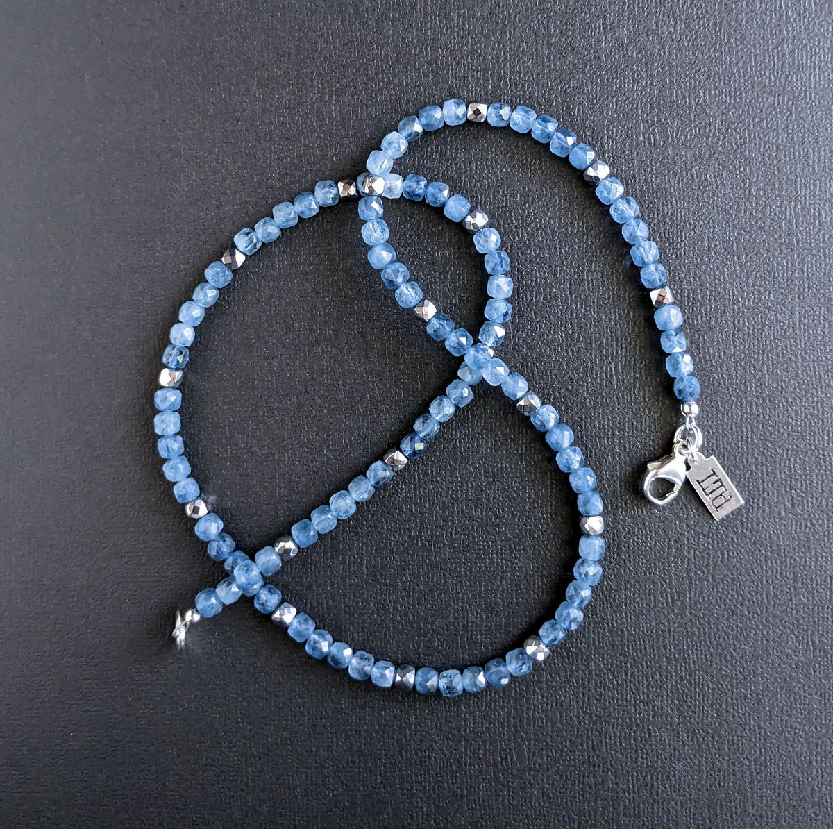 blue aquamarine faceted cube bead necklace