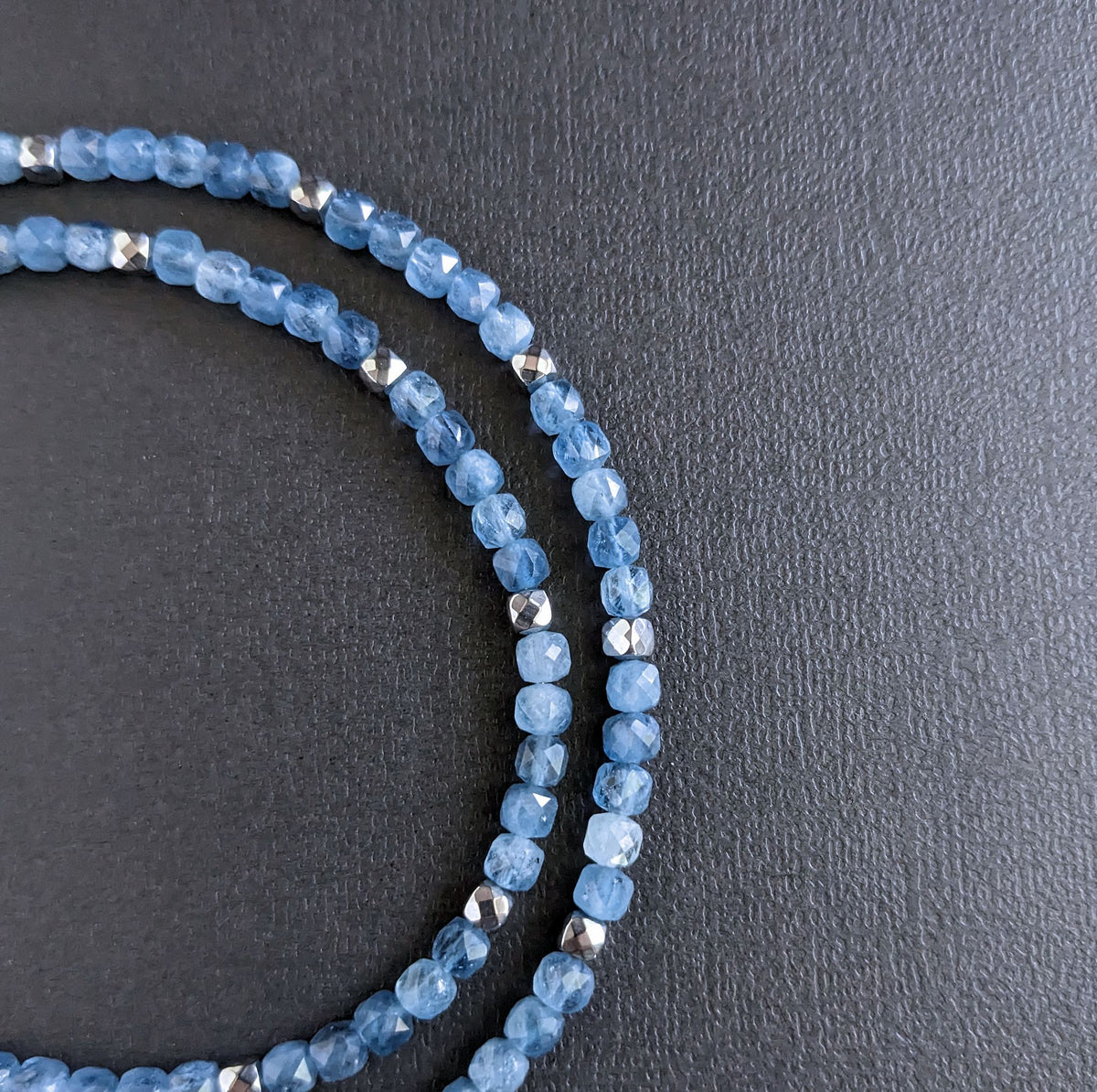 micro faceted blue aquamarine cube bead necklace