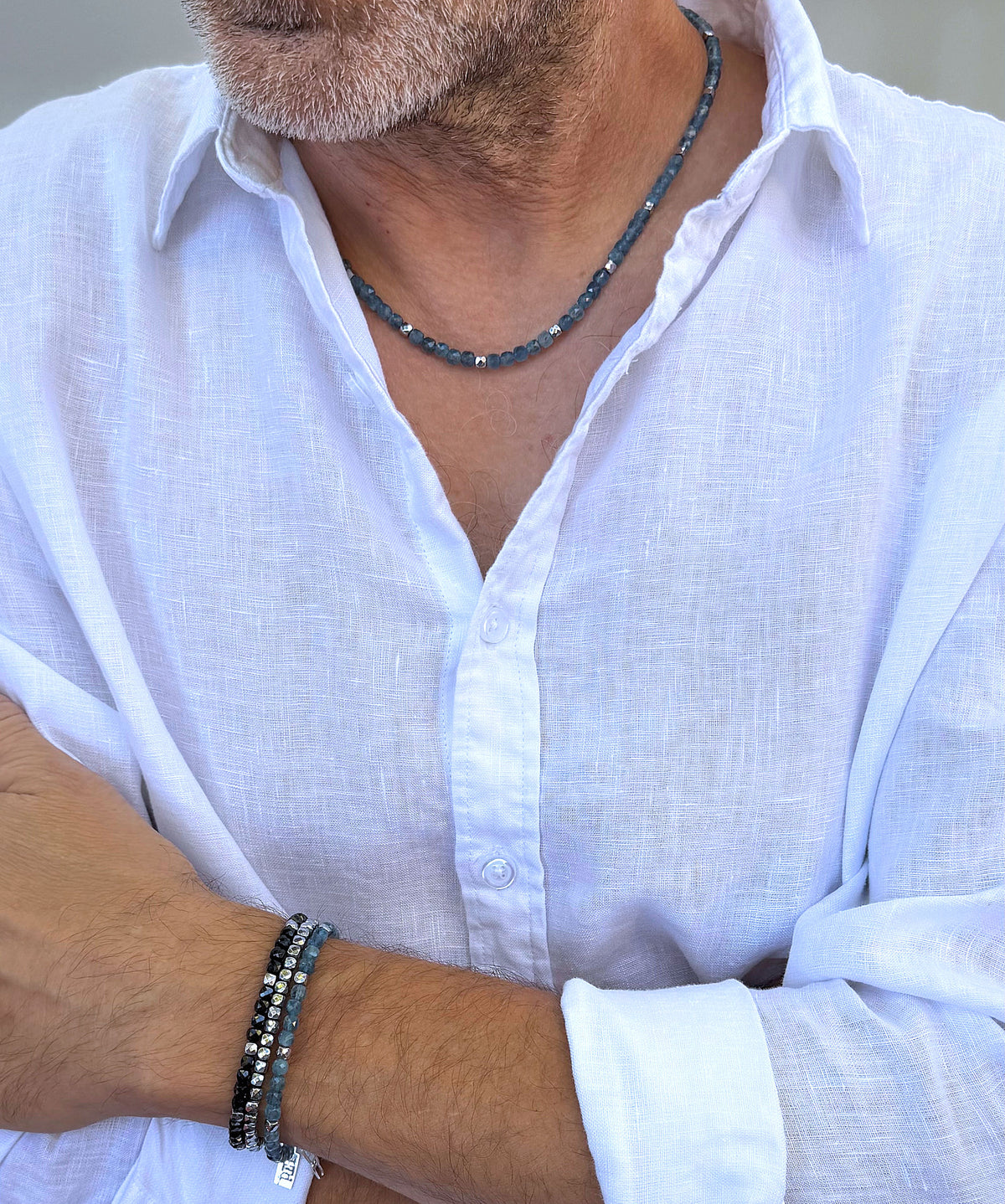 men's aquamarine blue bead necklace