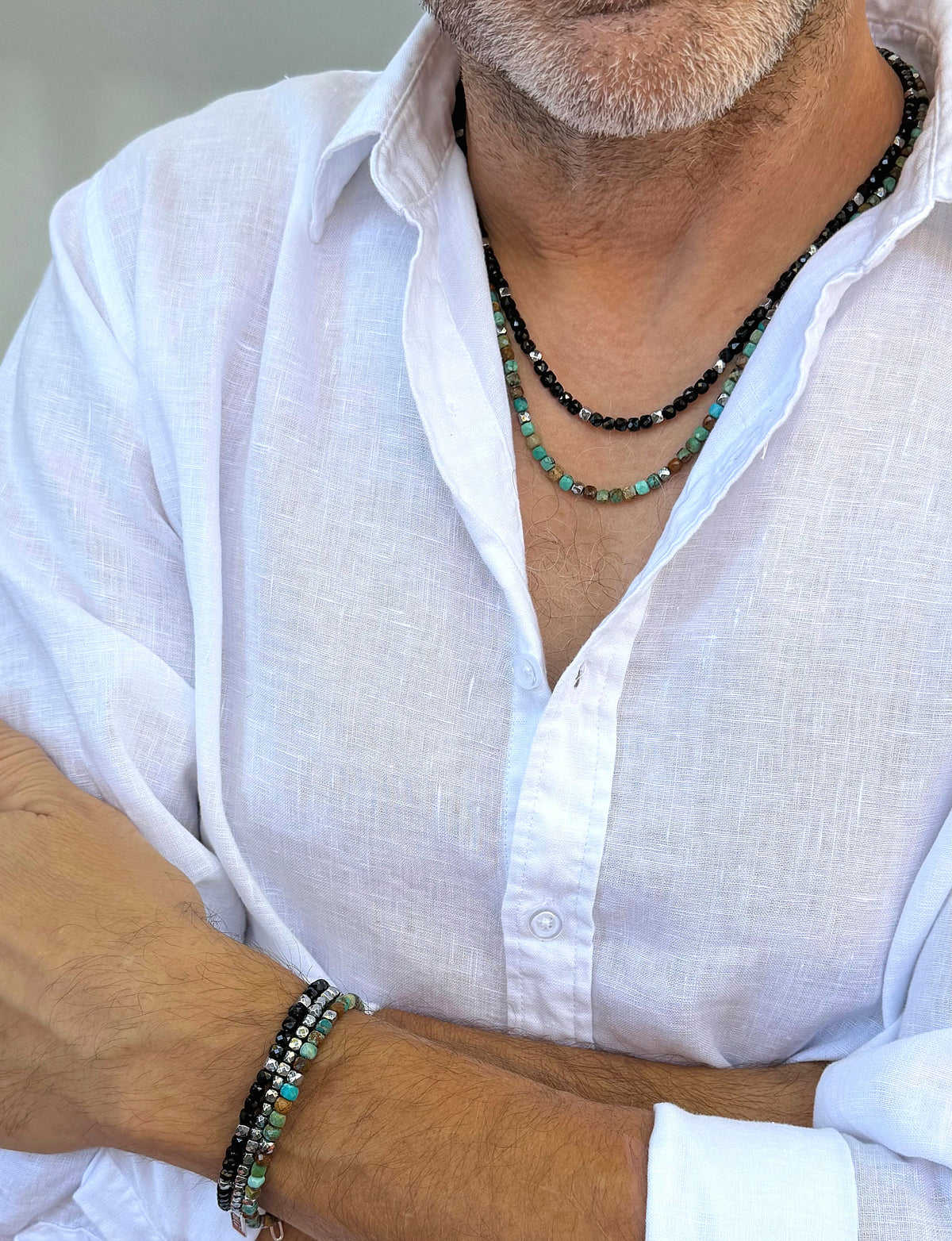 men's black silver 4mm gemstone bead necklace