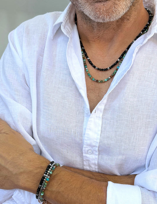 men's black silver 4mm gemstone bead necklace