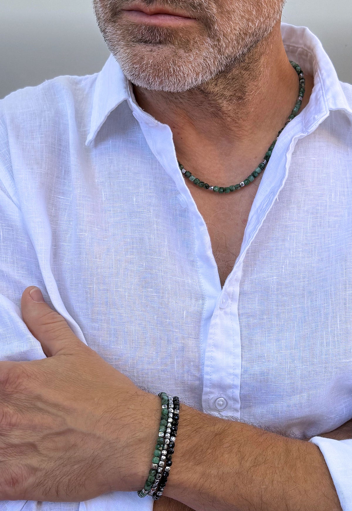 men's green emerald bead necklace and bracelet