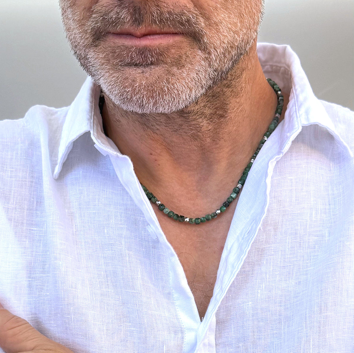 men's green emerald bead necklace with silver