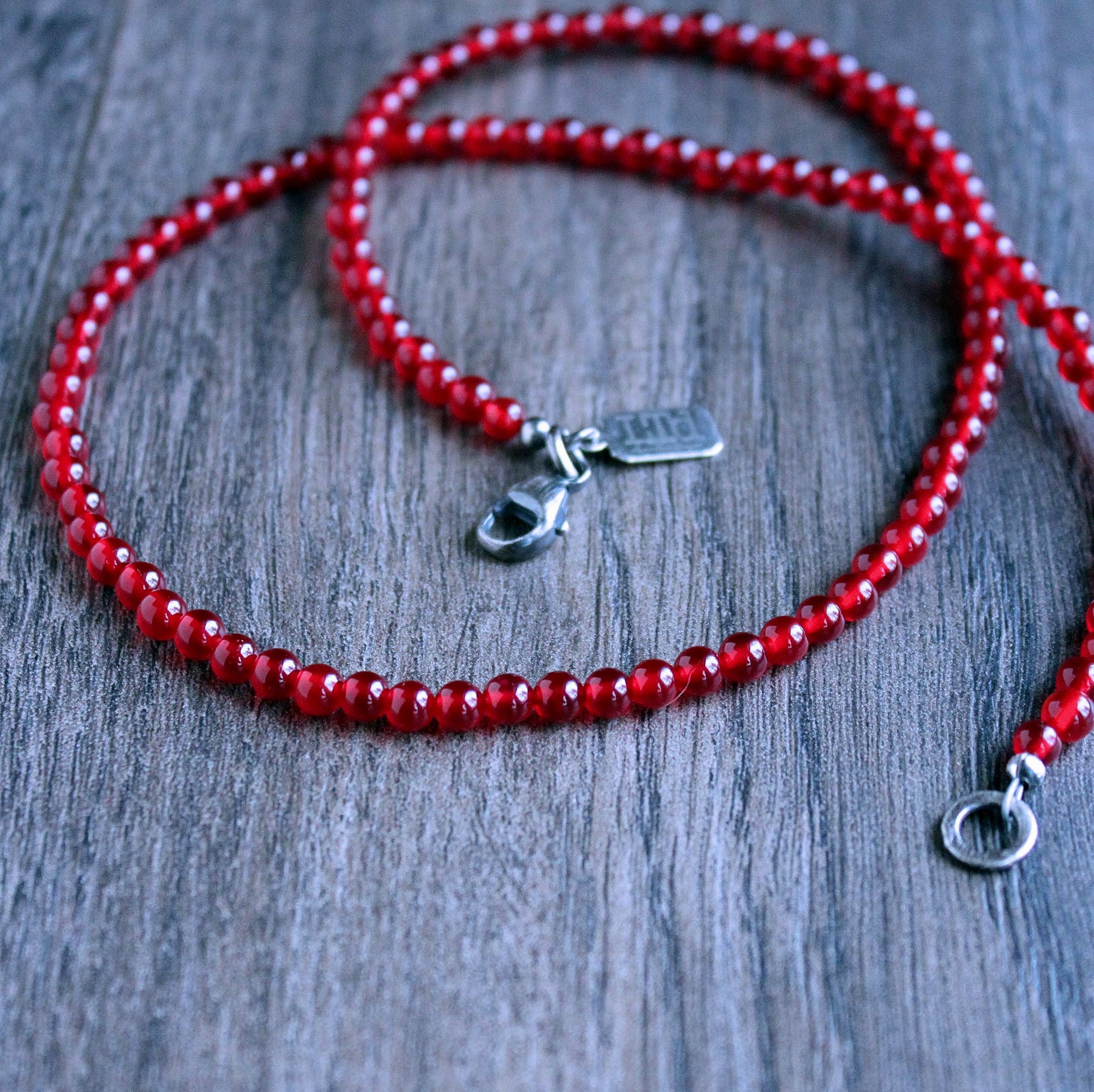 men's 4mm red jade bead necklace, sterling clasp