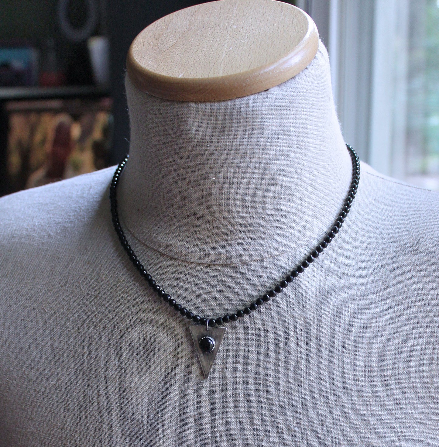 men's black bead silver pendant necklace