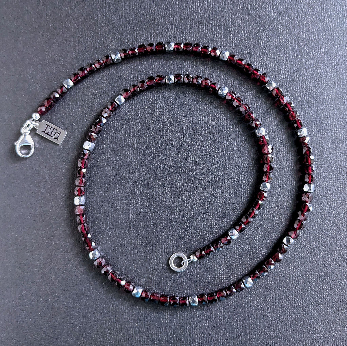 men's red garnet bead necklace with silver