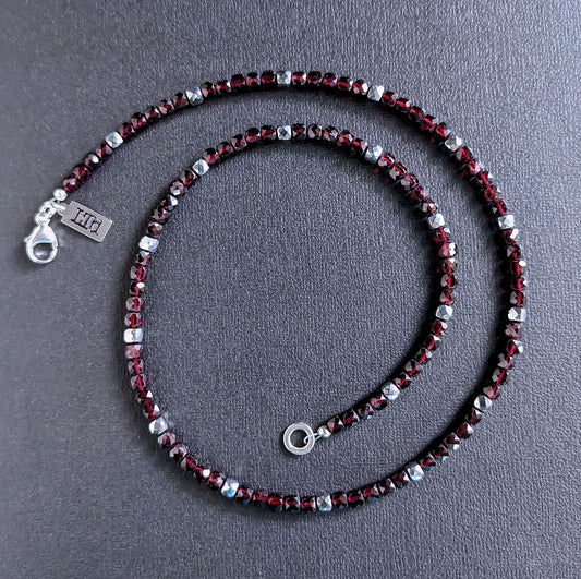 men's red garnet bead necklace with silver