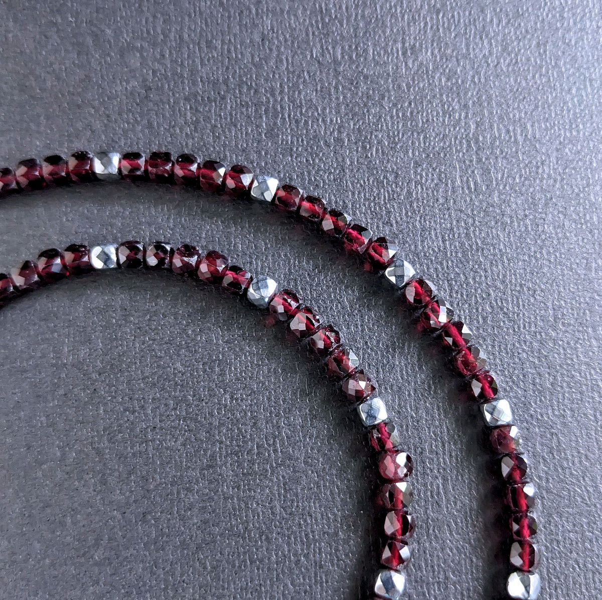 micro faceted red garnet square bead necklace