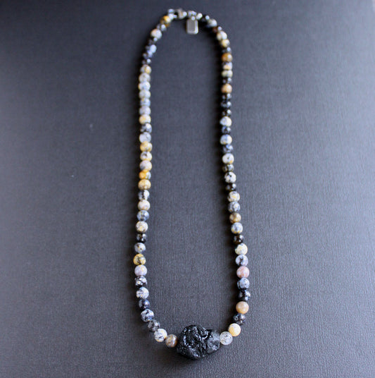 Tektite and Dendritic Opal Bead Necklace