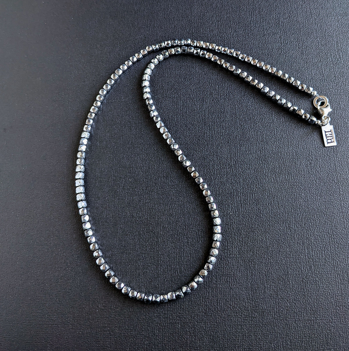 metallic silver cube beaded necklace, 4mm