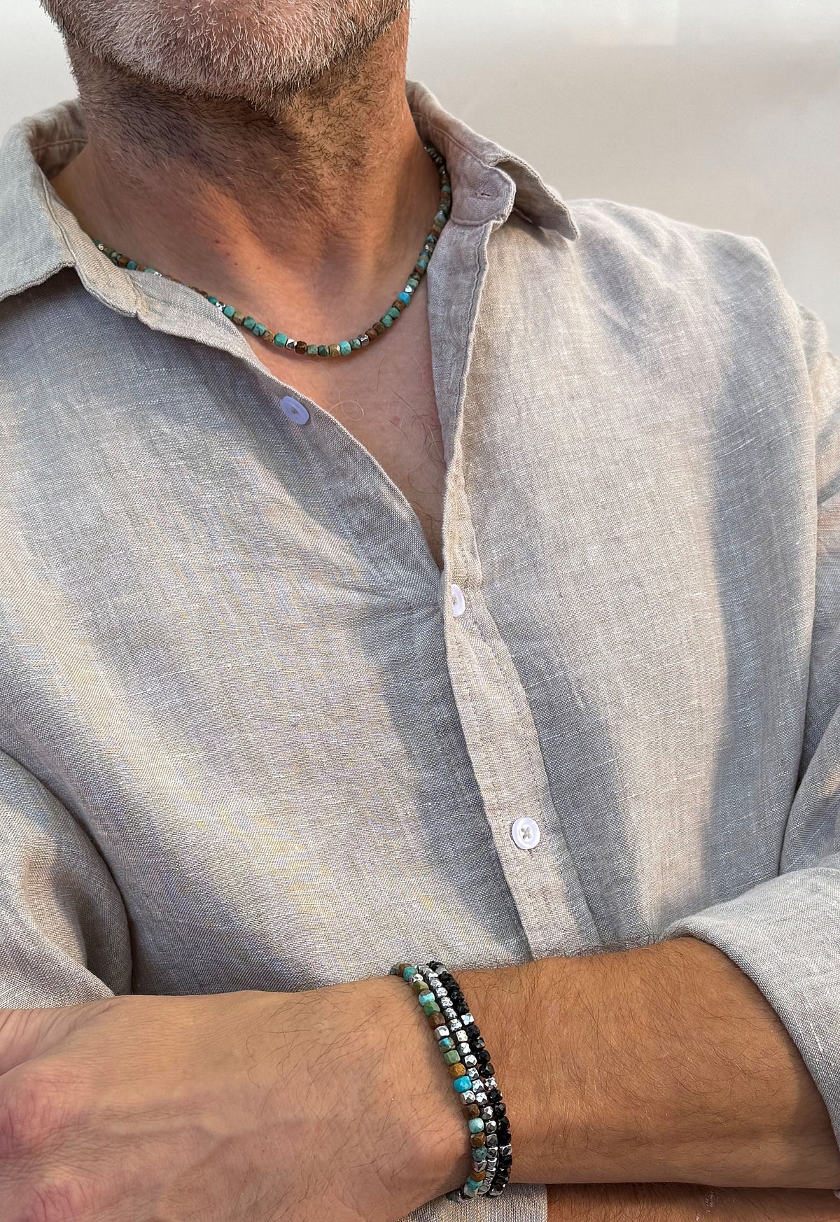 men's turquoise cube bead necklace and bracelet