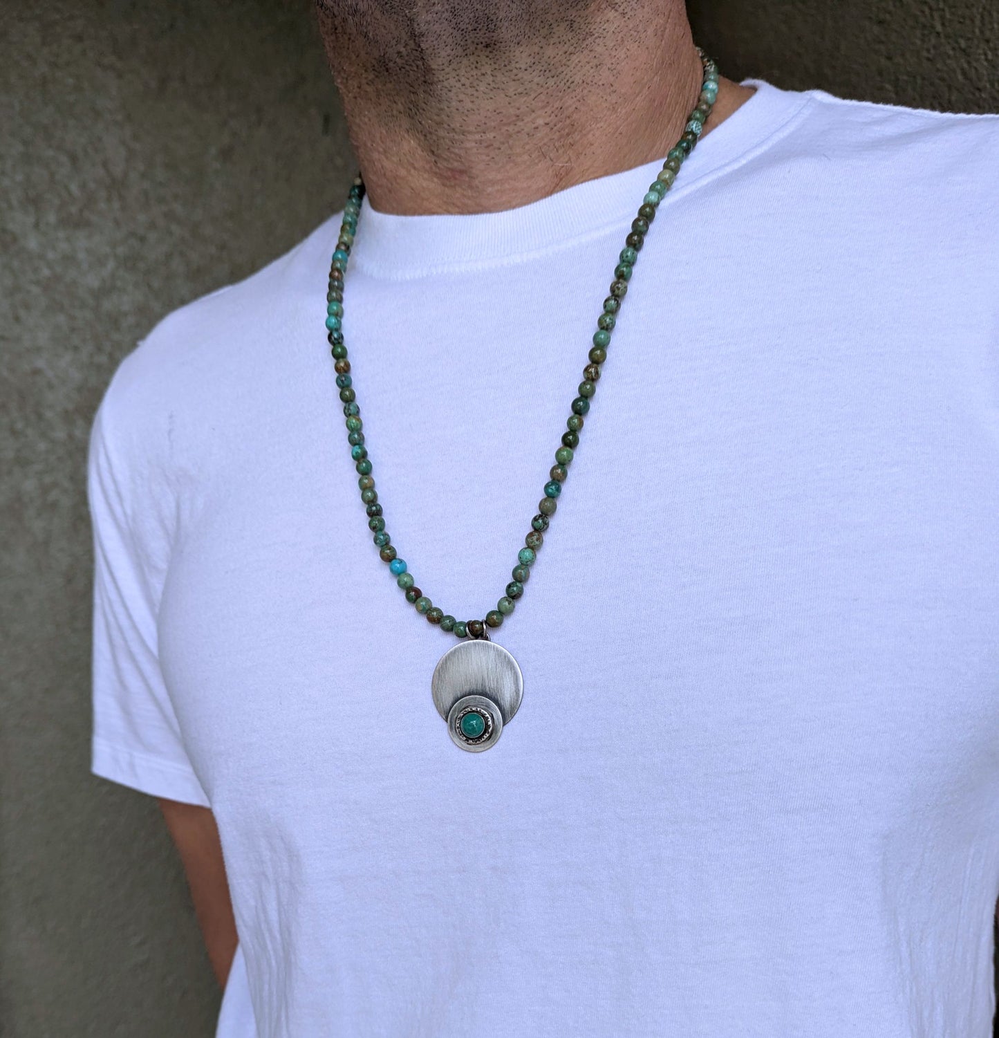men's 6mm turquoise bead necklace with sterling silver pendant