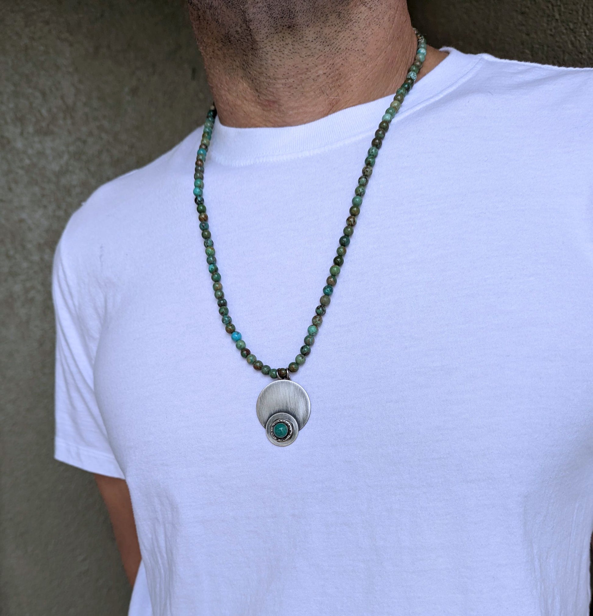 men's 6mm turquoise bead necklace with sterling silver pendant
