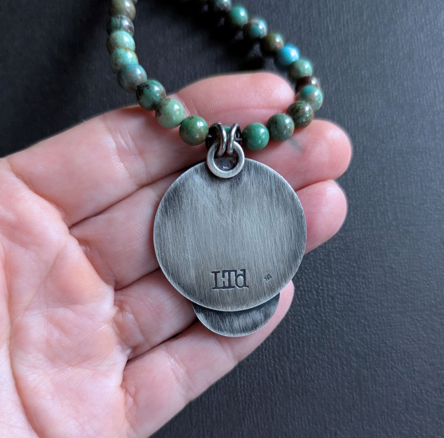 6mm Turquoise Bead Necklace, Large Sterling Silver Pendant