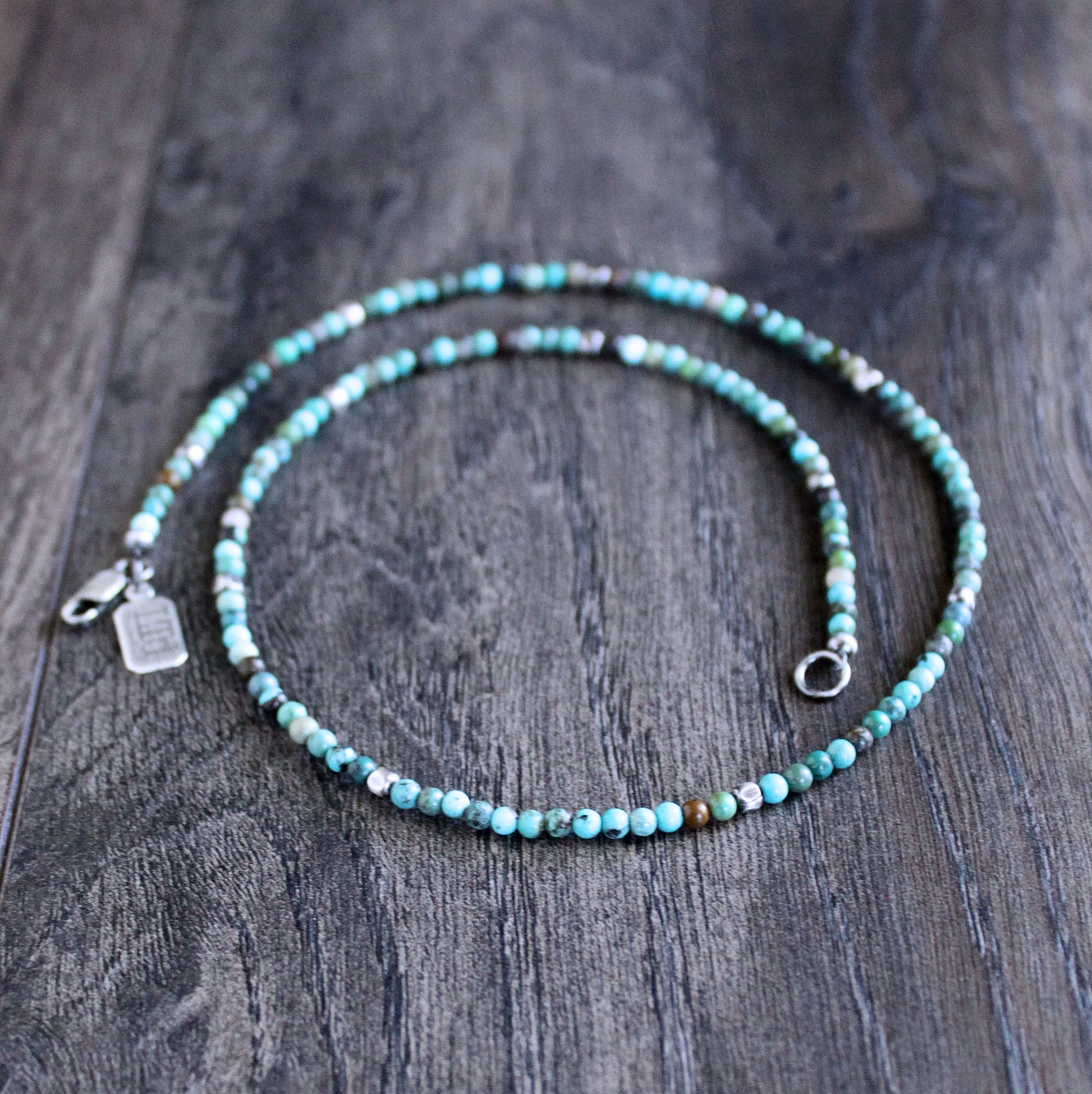 men's 3mm turquoise silver bead necklace