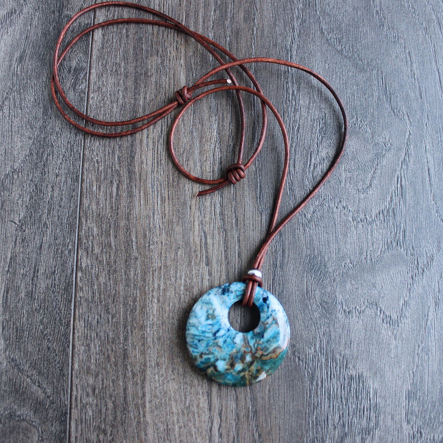 men's blue gemstone leather necklace