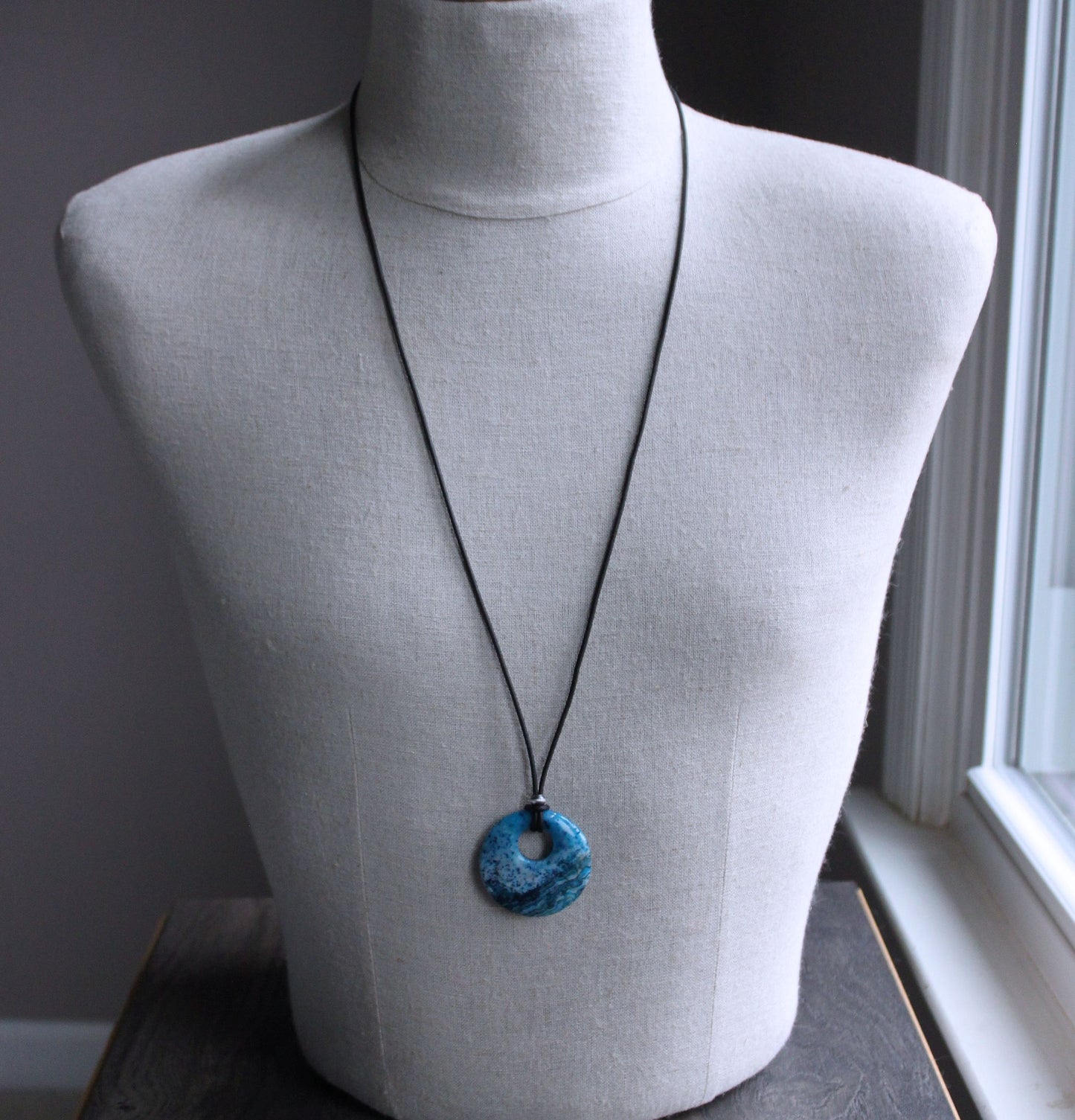 men's long leather and stone necklace