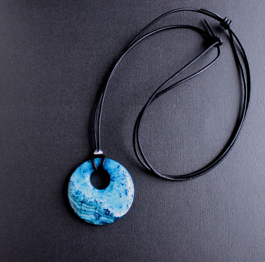 men's blue stone leather cord necklace