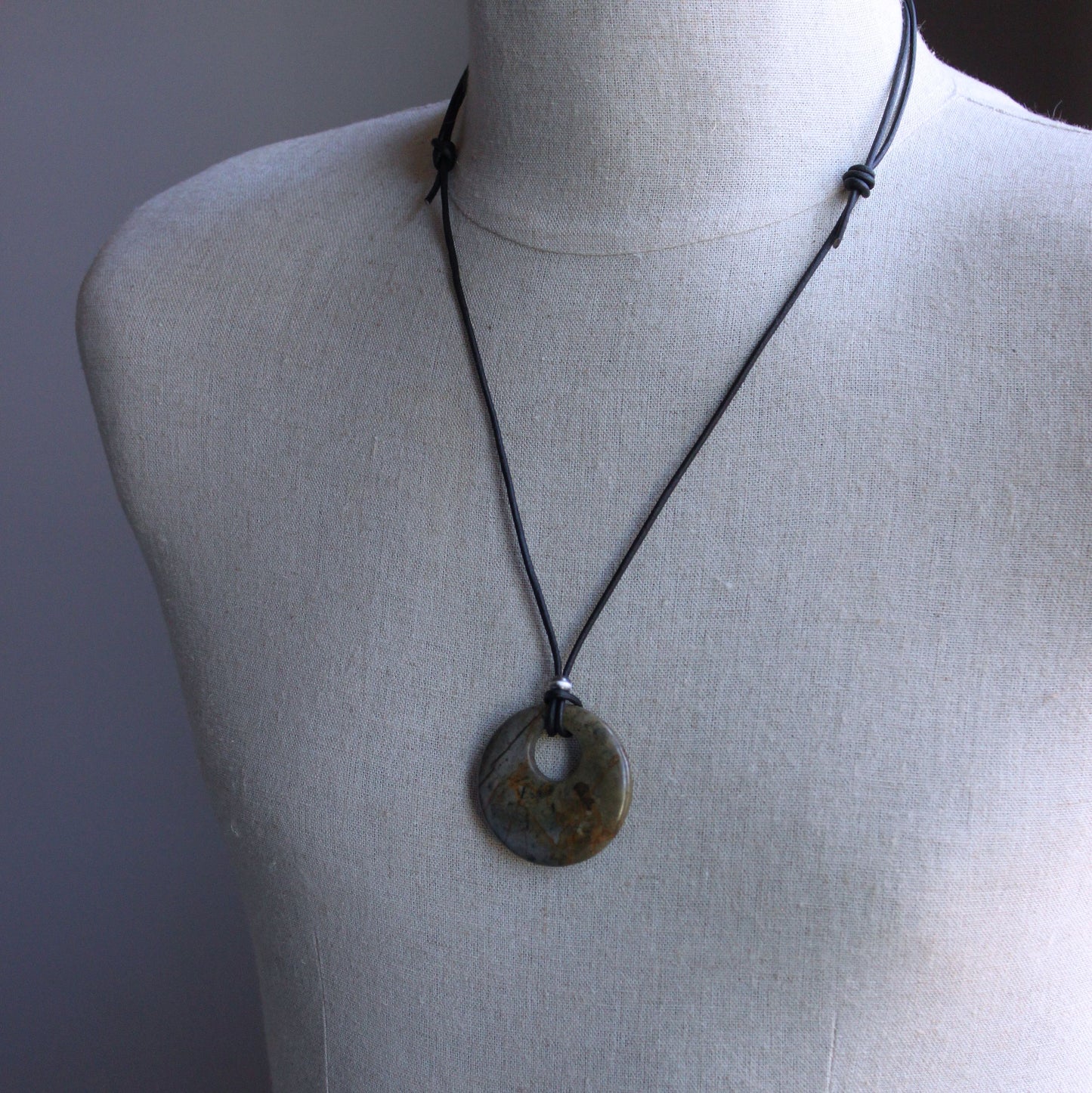 Picasso Jasper Stone Pendant on Leather Cord, Adjustable Length