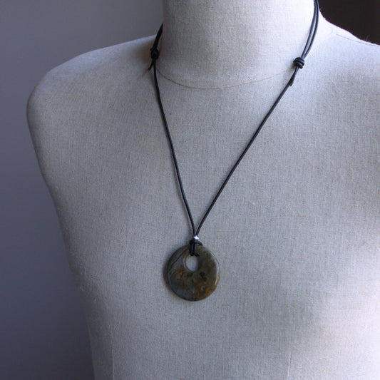 Picasso Jasper Stone Pendant on Leather Cord, Adjustable Length
