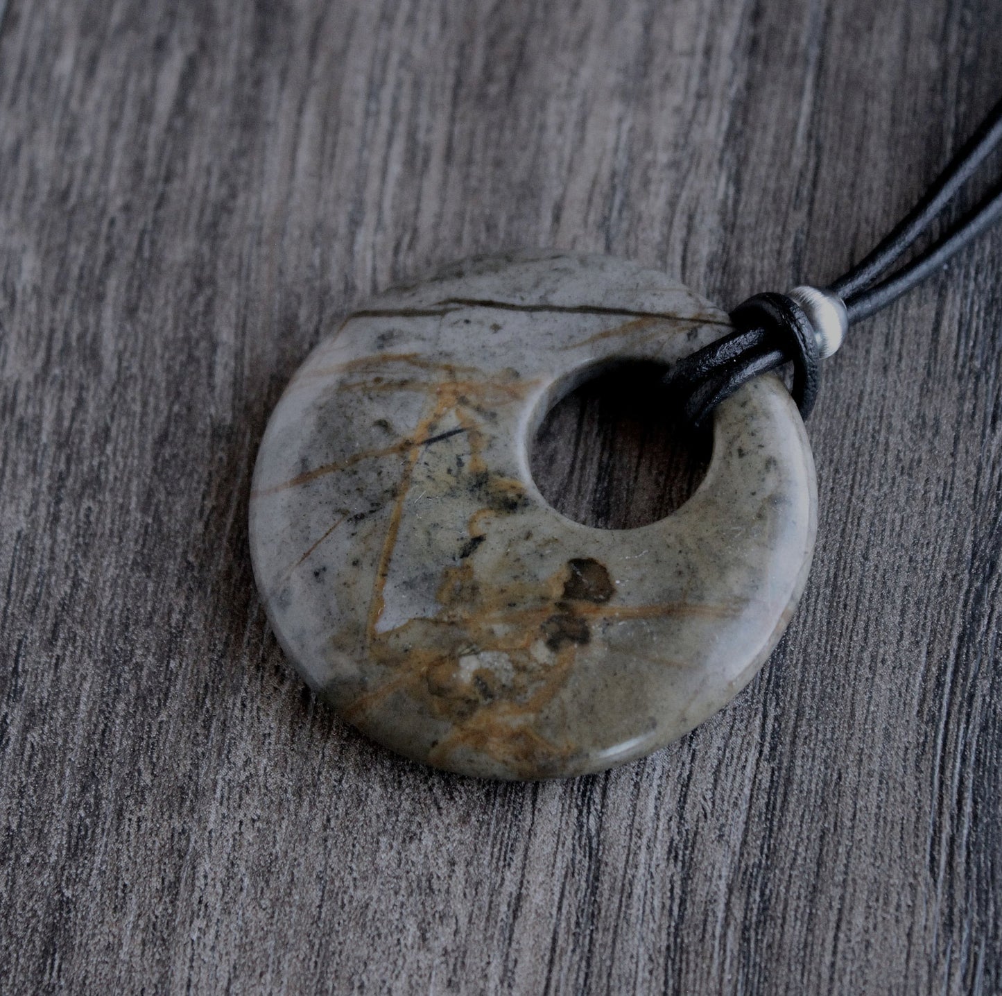 Picasso Jasper Stone Pendant on Leather Cord, Adjustable Length