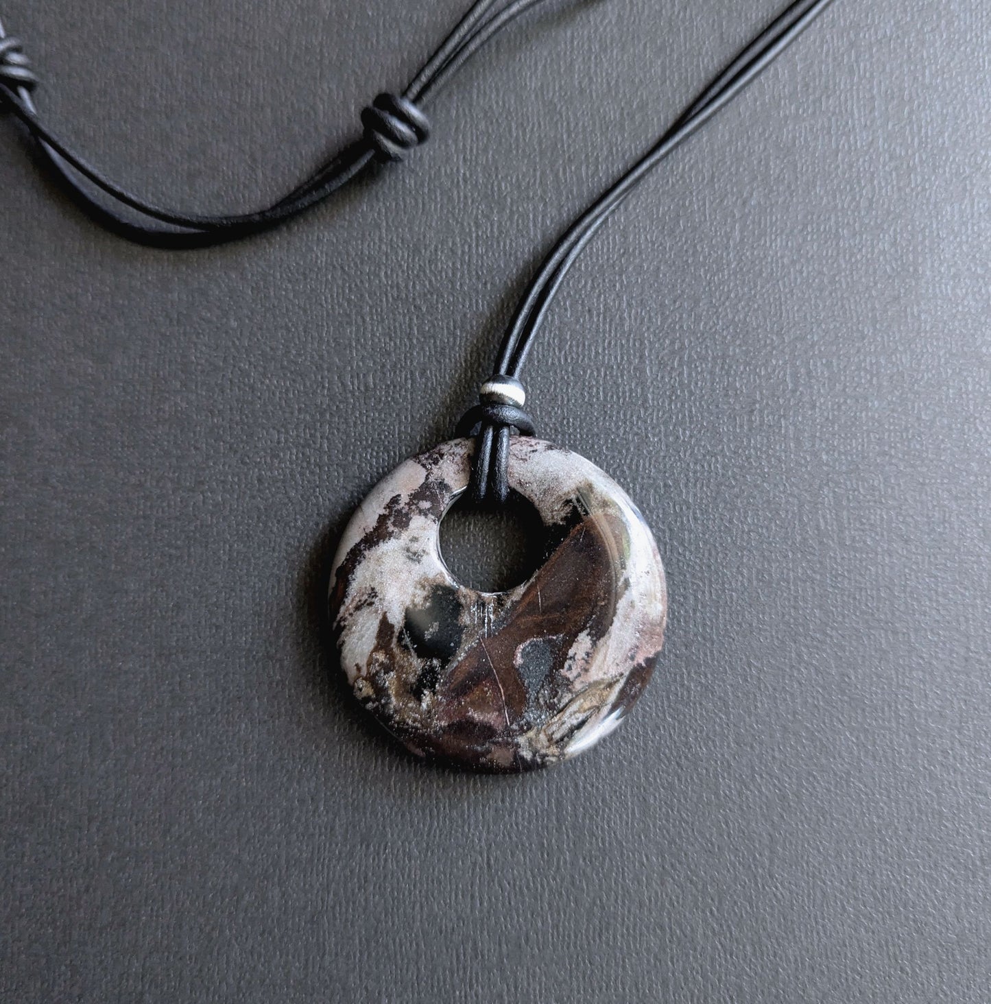 Outback Wood Jasper Stone Pendant on Leather Cord, Adjustable Length
