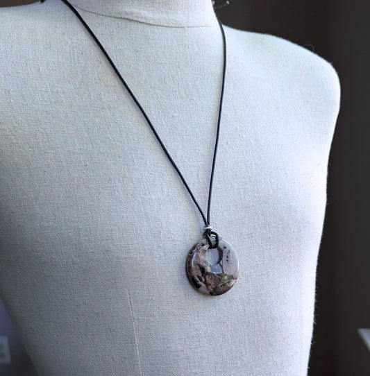 Outback Wood Jasper Stone Pendant on Leather Cord, Adjustable Length
