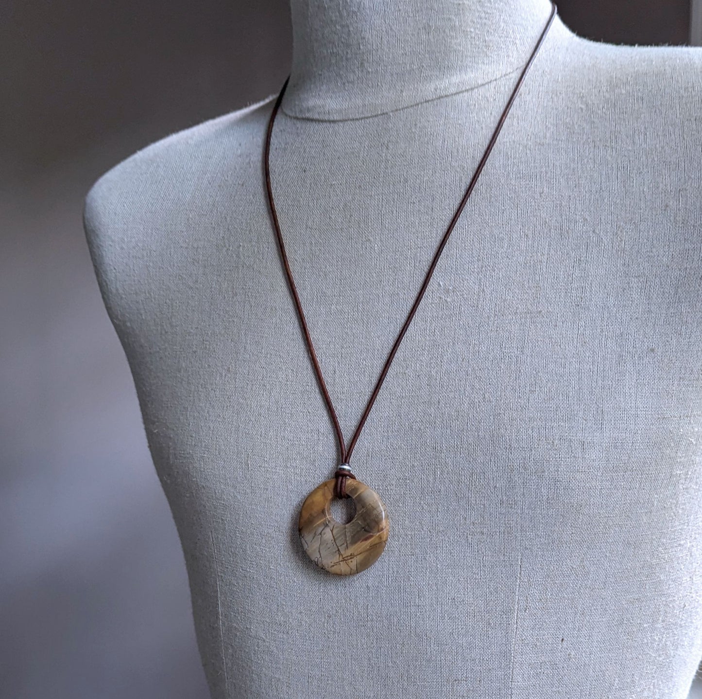 Red Creek Jasper Stone Pendant on Leather Cord, Adjustable Length