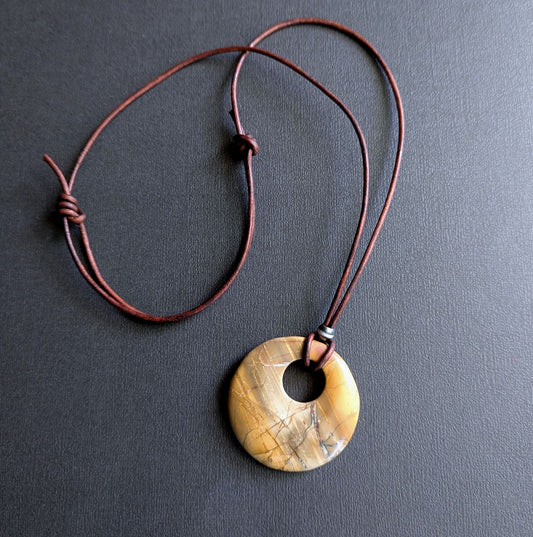 Red Creek Jasper Stone Pendant on Leather Cord, Adjustable Length