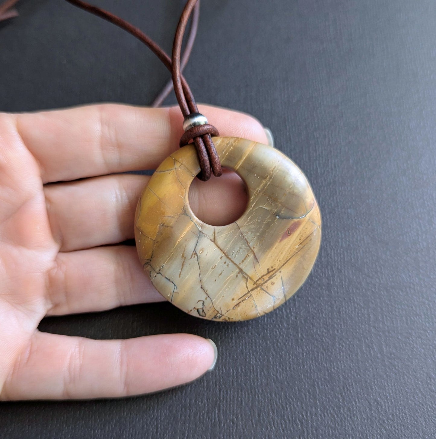 Red Creek Jasper Stone Pendant on Leather Cord, Adjustable Length