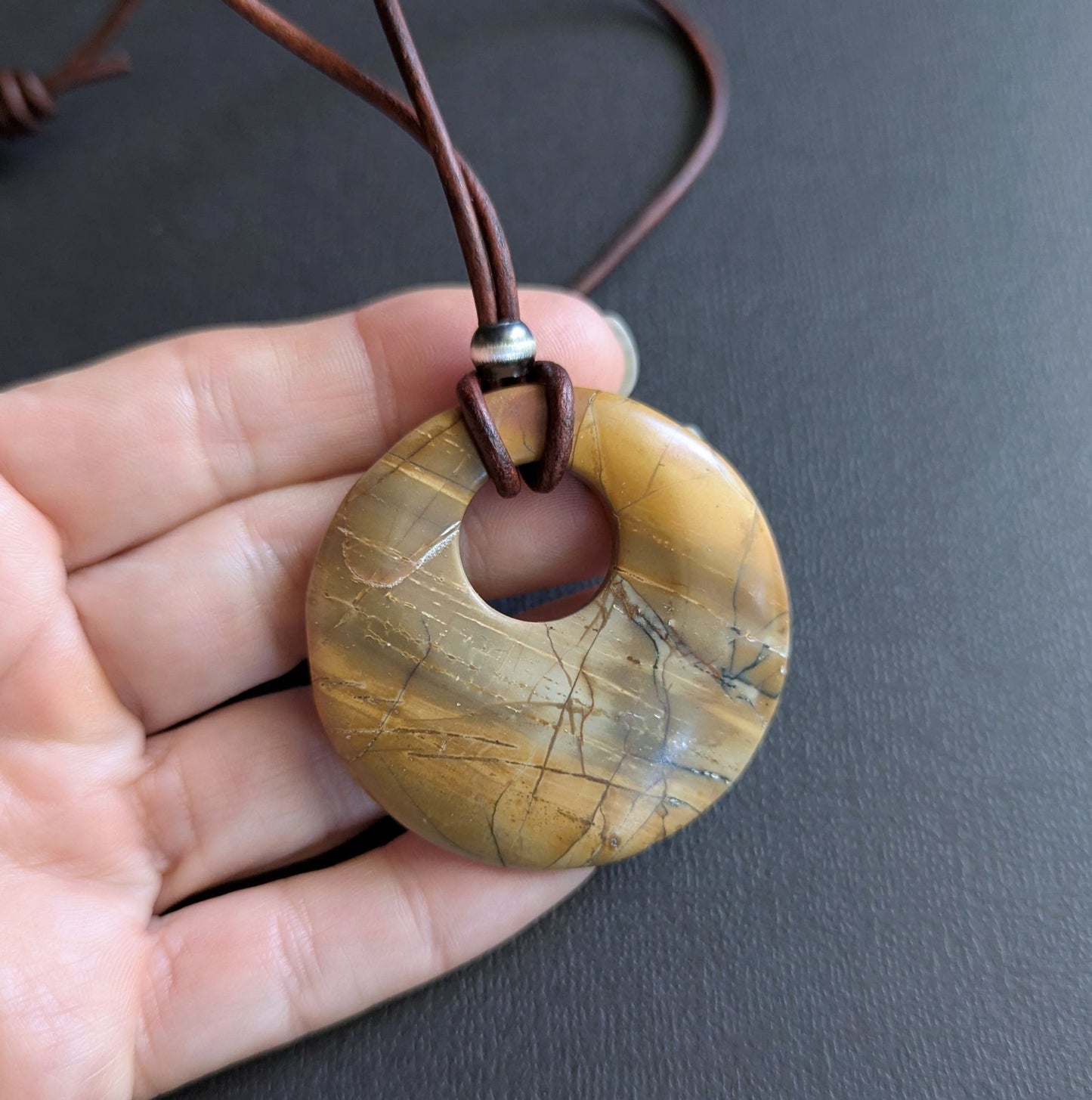Red Creek Jasper Stone Pendant on Leather Cord, Adjustable Length