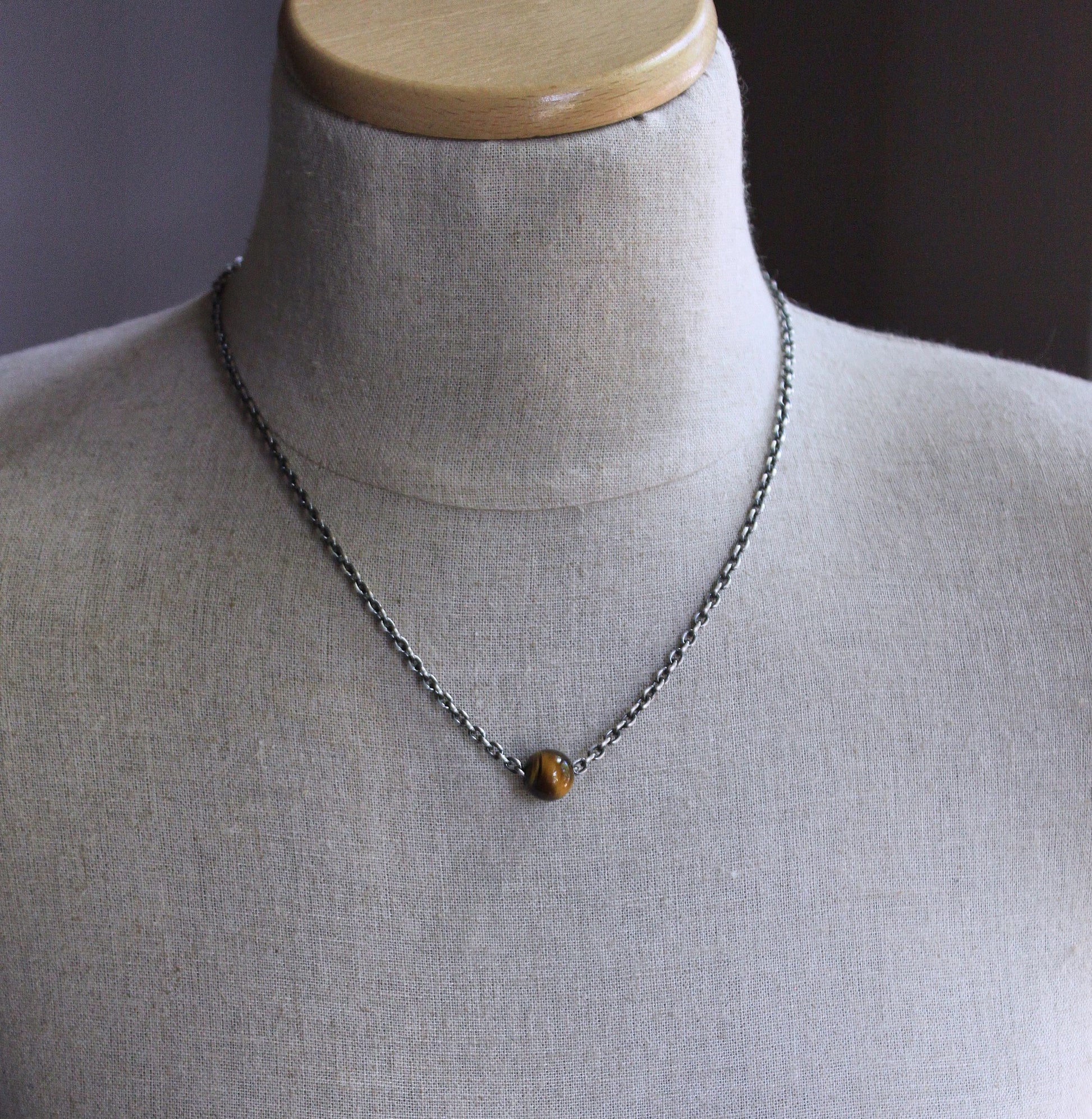 men's silver chain necklace with tiger eye bead